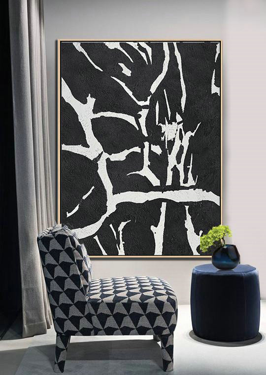 Hand-Painted Canvas Art,Black And White Minimalist Painting On Canvas - Original Abstract Painting Canvas Art